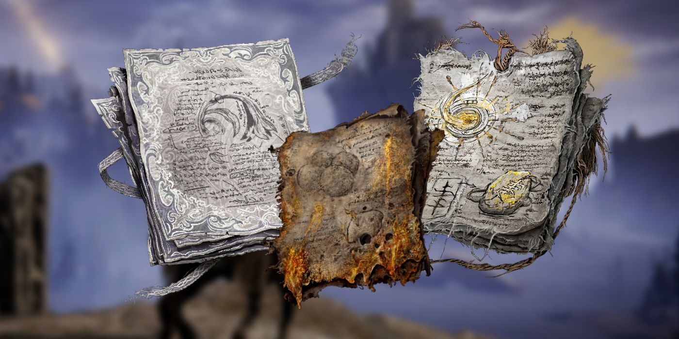 Three cookbooks in Elden Ring superimposed over the game's landscape