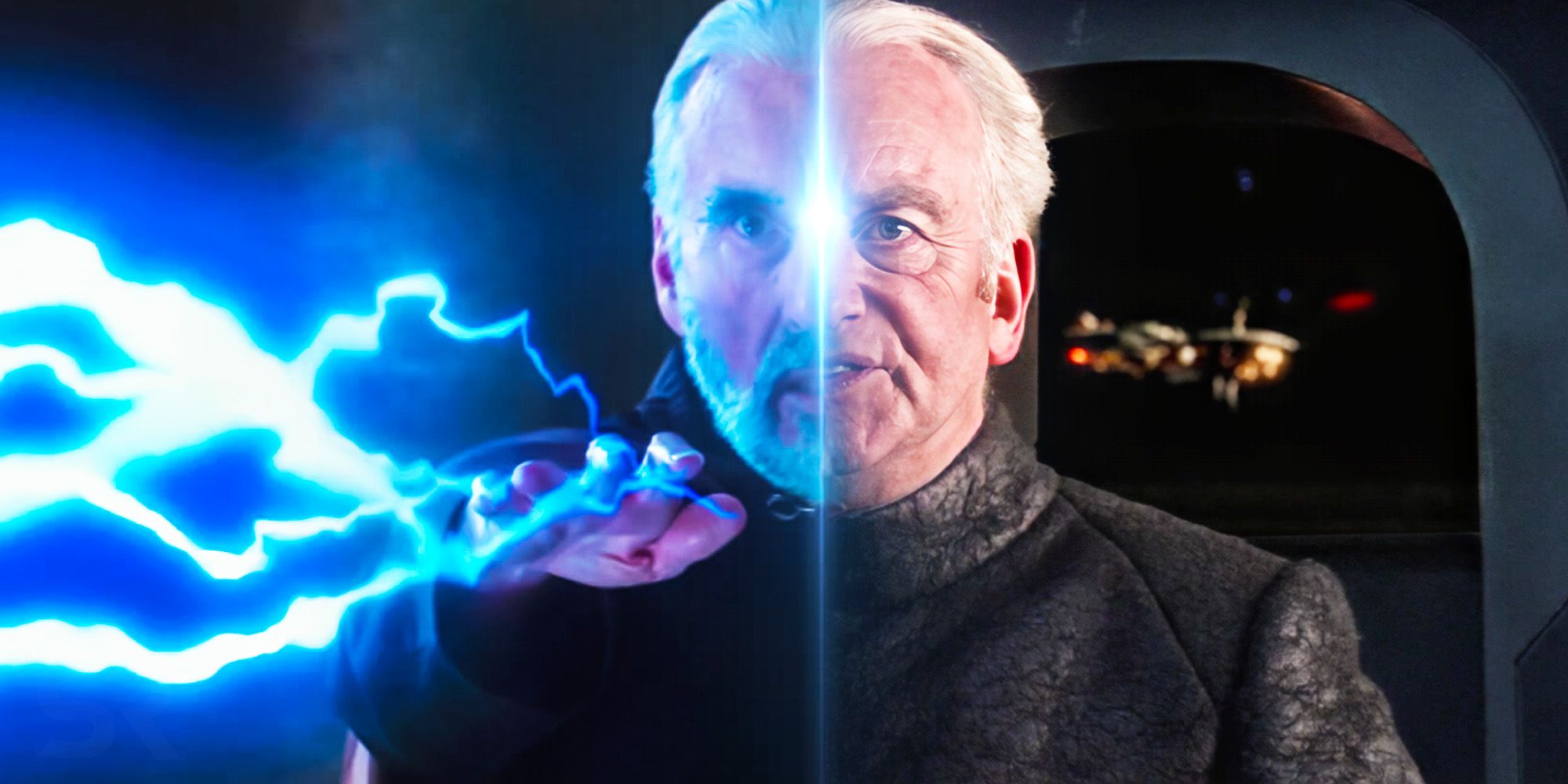 A split-screen image of Count Dooku and Emperor Palpatine