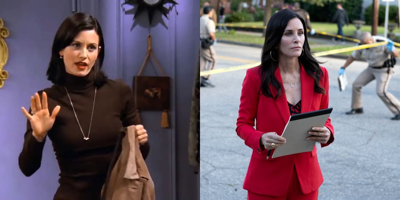 Split image of Courteney Cox as Monica in Friends and Gale in Scream (2022)