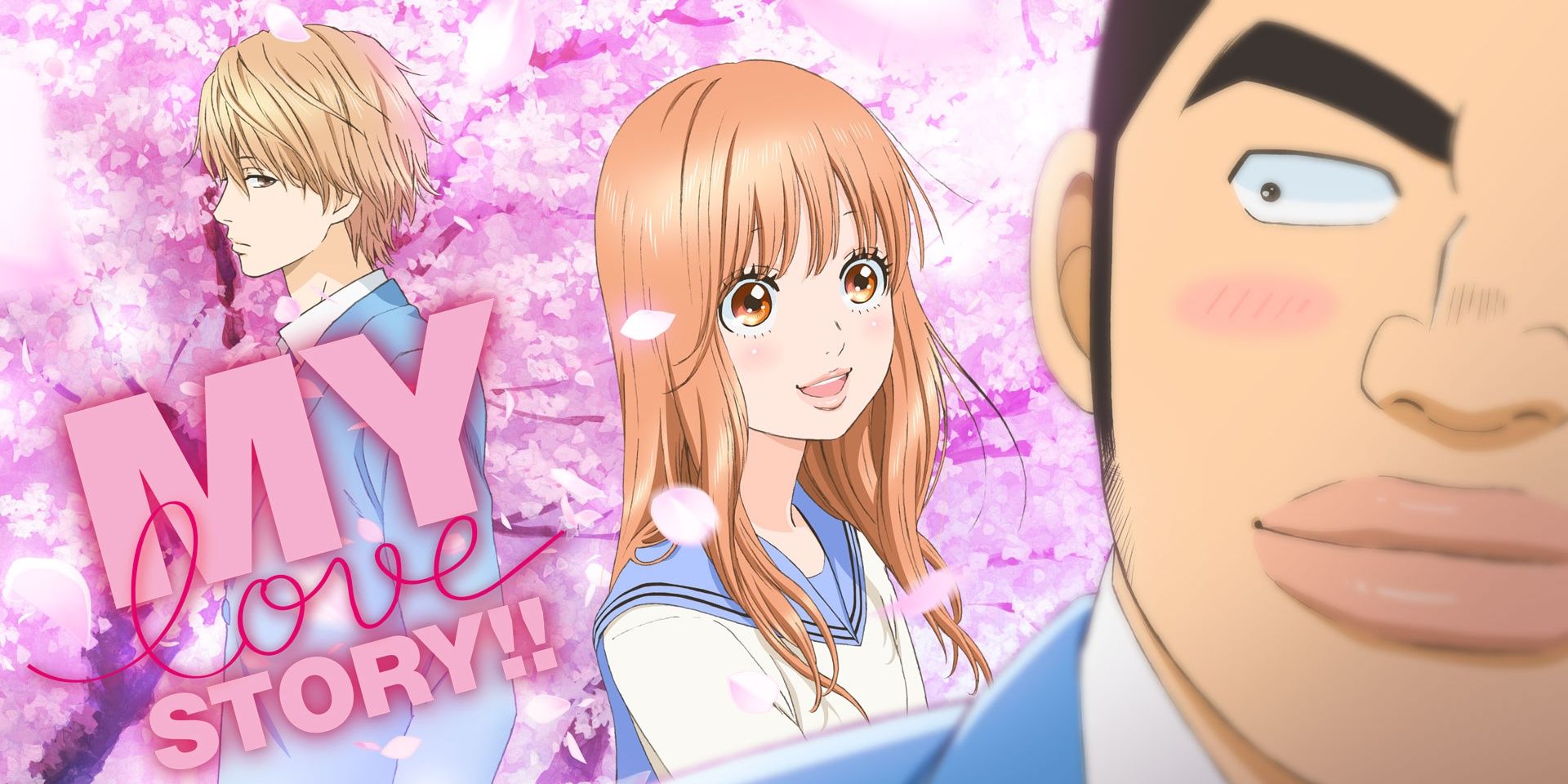 Cover art for the My Love Story anime with the main characters standing against cherry blossoms