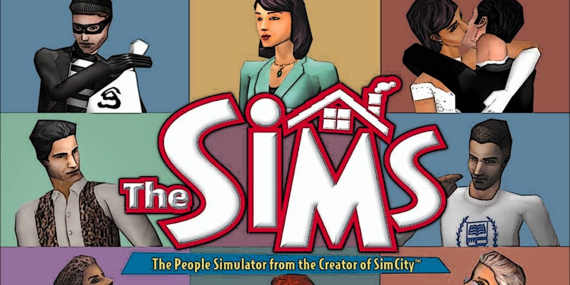 Arte de portada de Los Sims, con varios Sims y el título del juego.