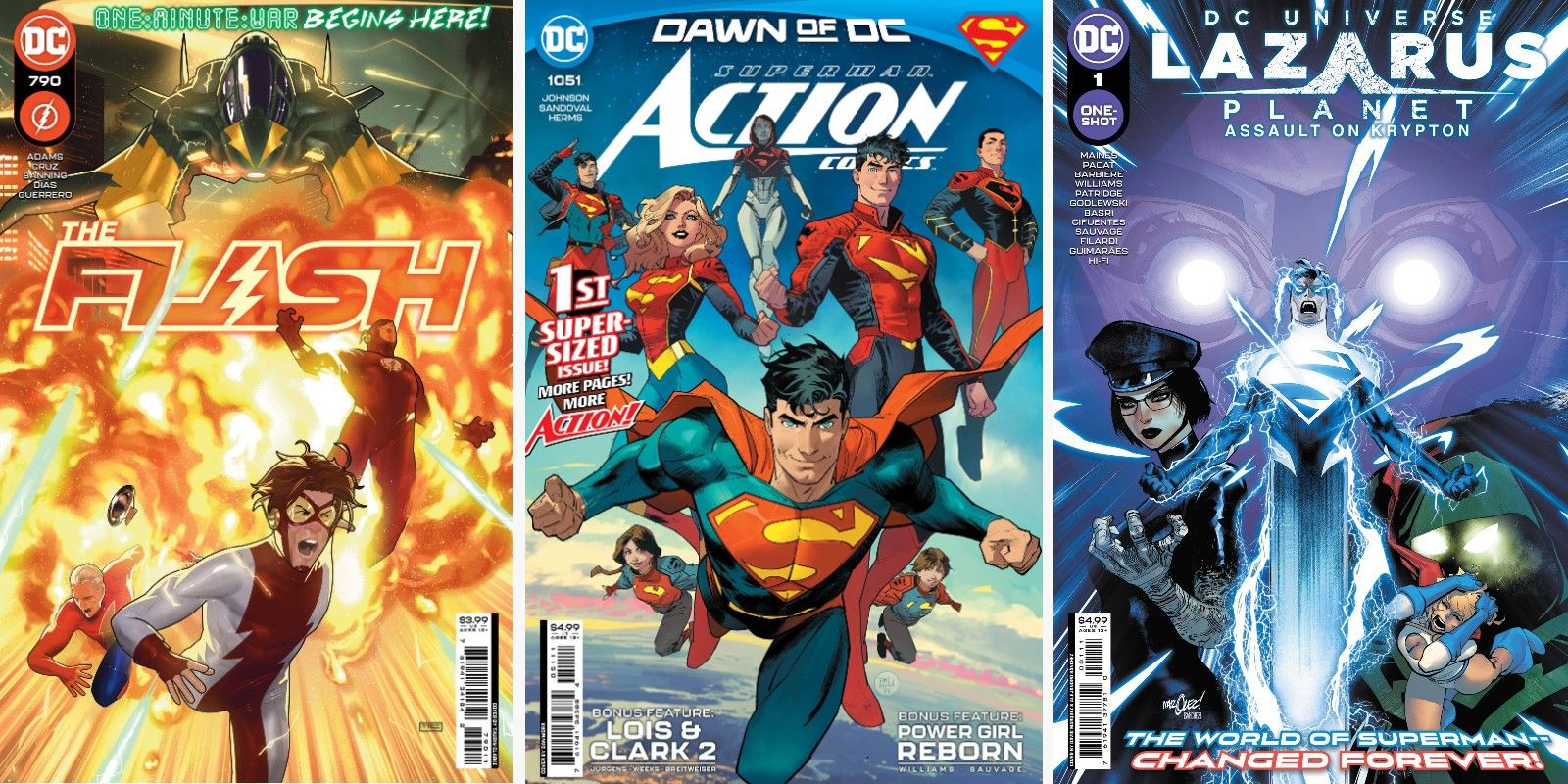 Covers for The Flash 790, Action Comics 1050, and Lazarus Planet Assault on Krypton 1