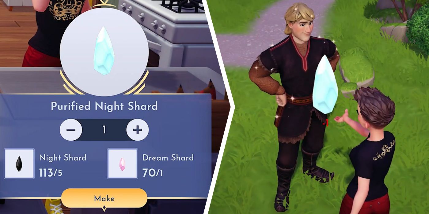 Crafting and Giving Kristoff a Purified Night Shard During the Crystal Mystery Quest in Dreamlight Valley