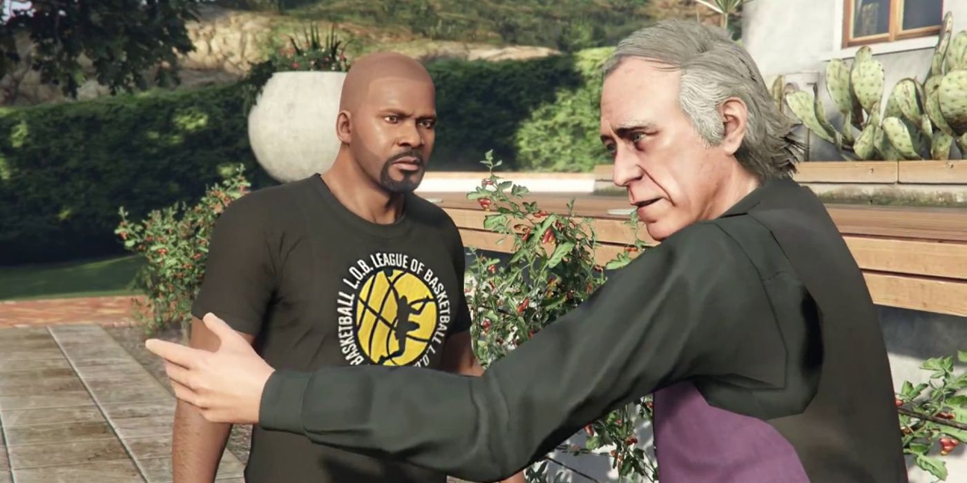 Screenshot of Franklin confronting Peter Dreyfuss at his home in GTA 5.