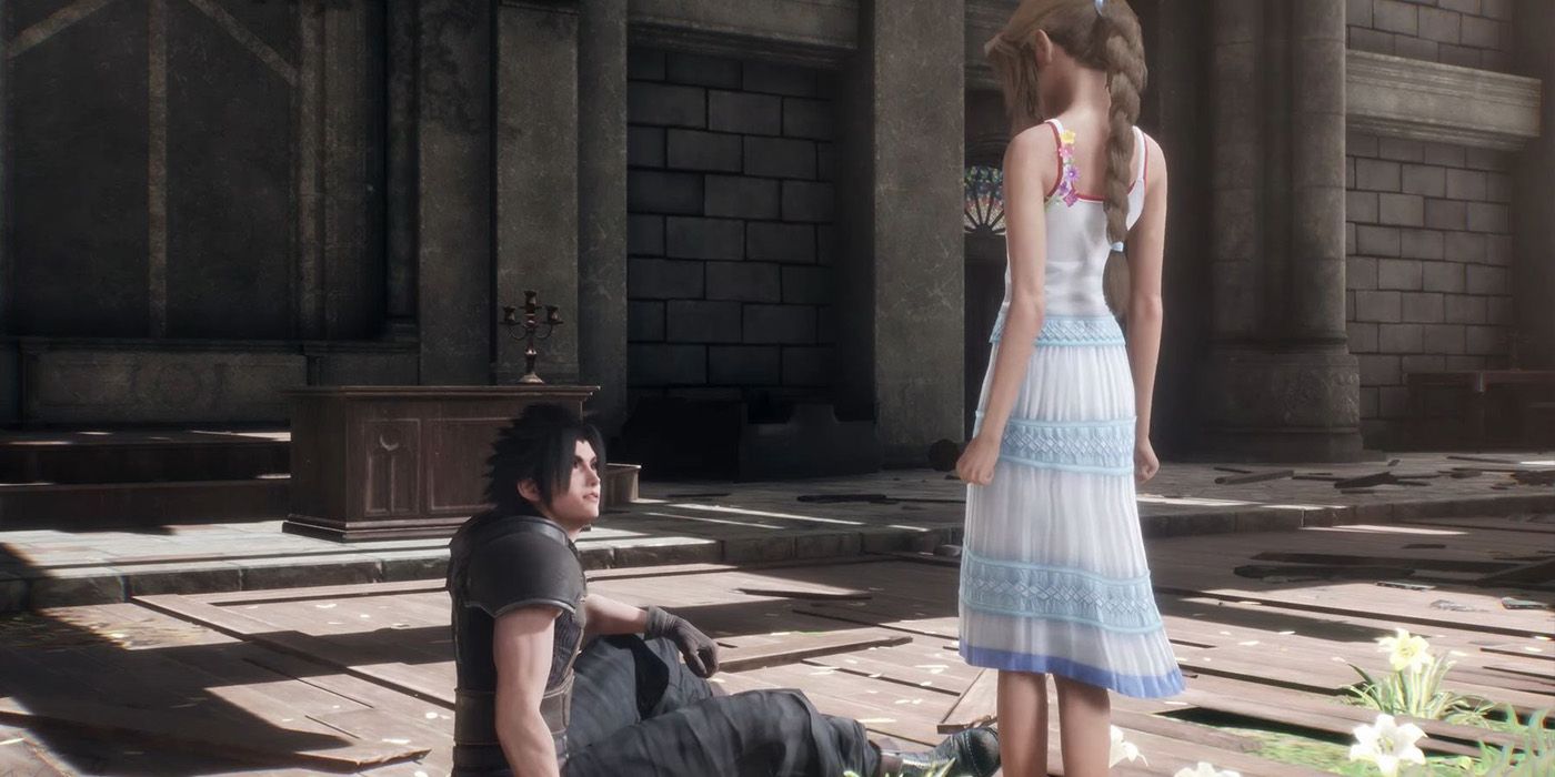Zack sits on the ground while looking up at Aerith in the Church in Crisis Core FF7 Reunion.