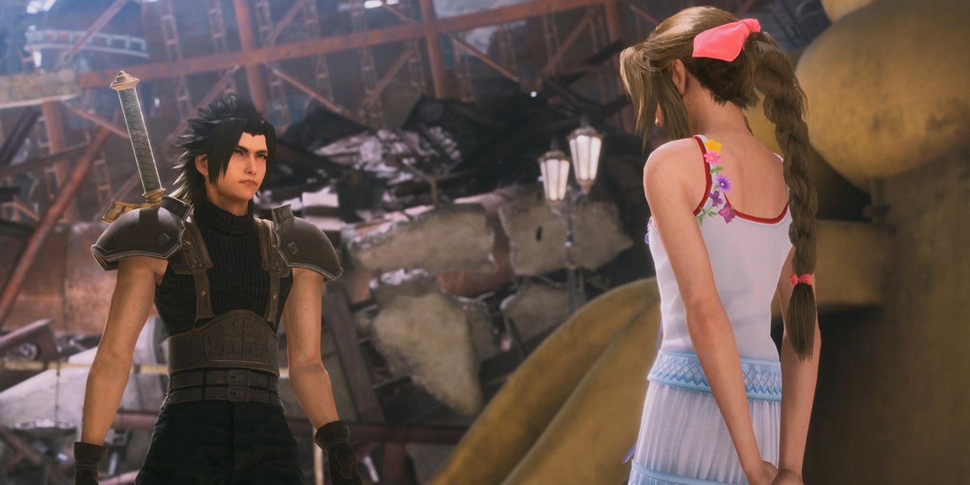 Aerith and Zack are talking on the playground in Crisis Core FF7 Reunion.