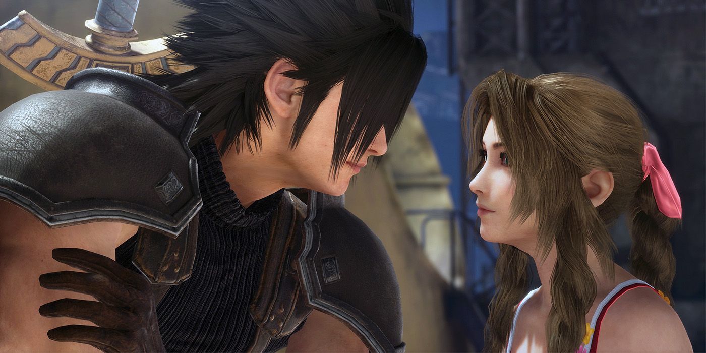 Aerith and Zack looking at each other in Crisis Core FF7 Reunion.