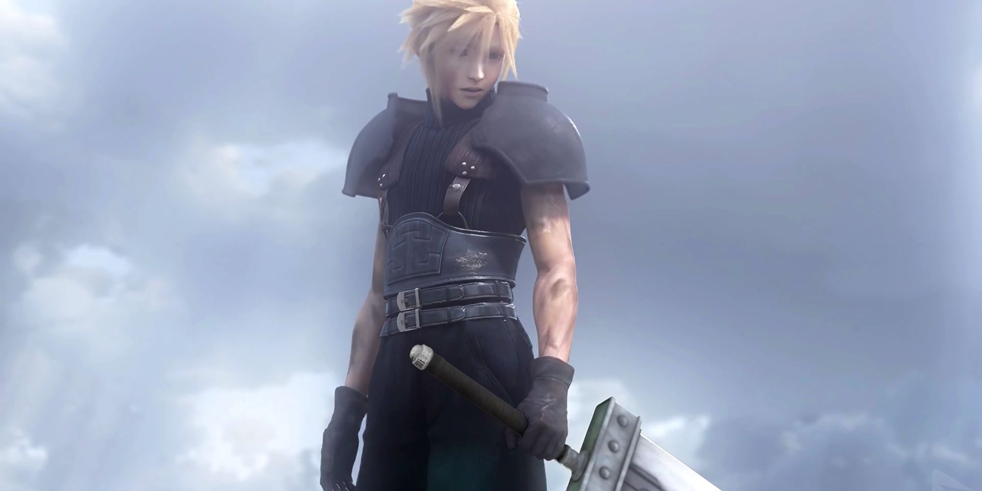 Cloud Strife standing and holding the Buster Sword at the end of Crisis Core: Final Fantasy 7 Reunion.