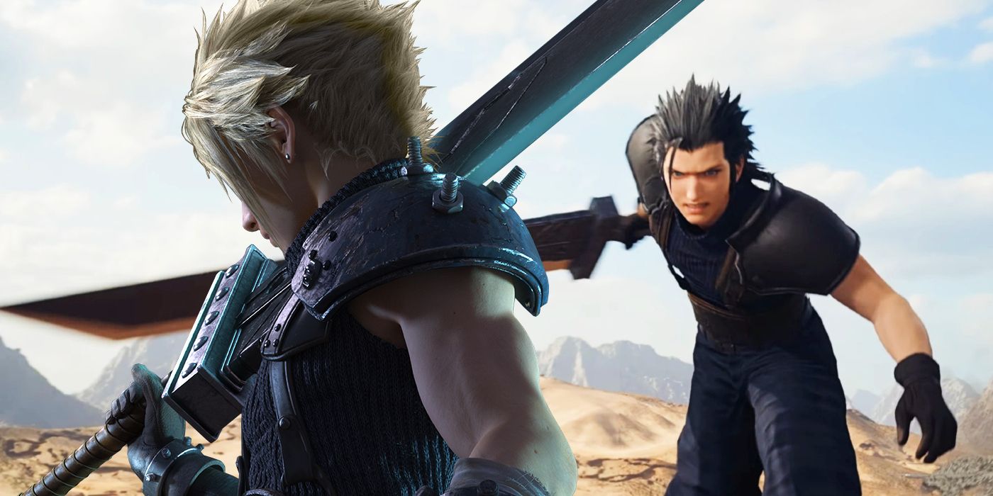 Image of promotional art for Final Fantasy 7 Remake showing Cloud wielding the Buster Sword, with a screenshot of Zack Fair wielding the same weapon from Crisis Core: FF7 - Reunion pasted behind and to the right.