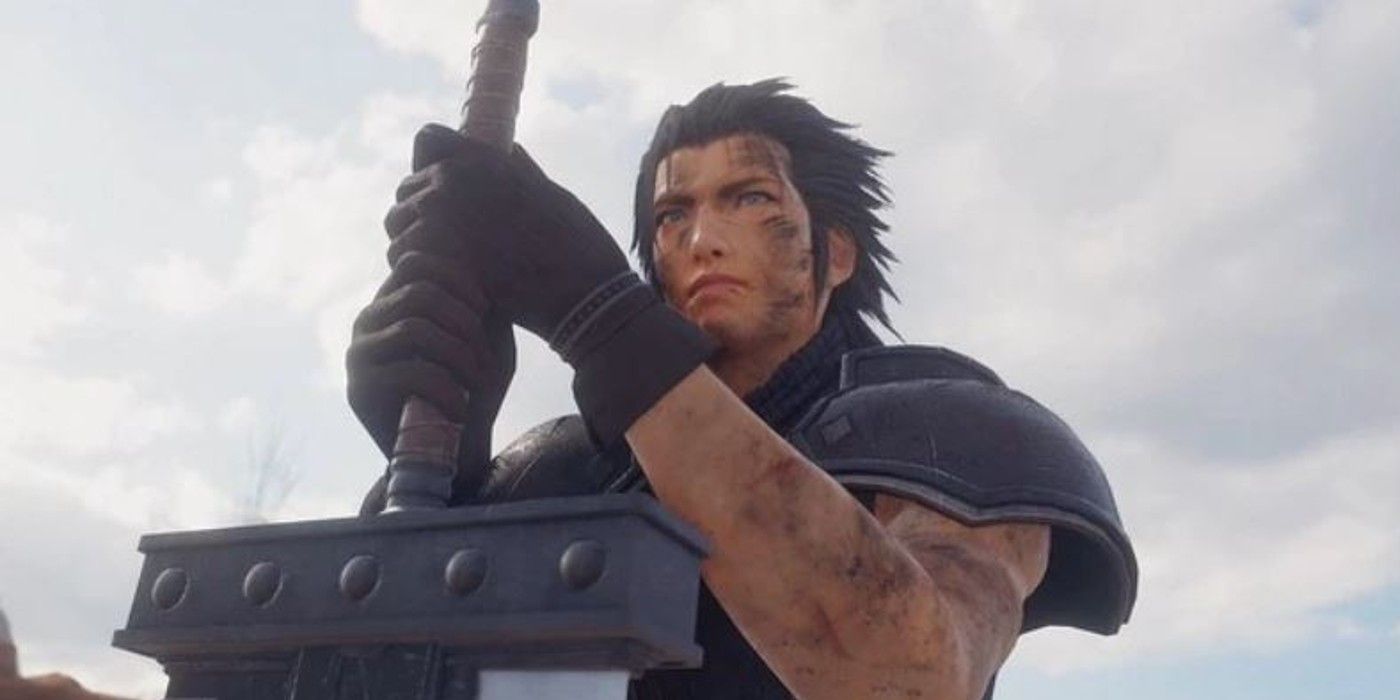 Zack holding his buster sword, injured but alive in the FF7 Remake timeline.