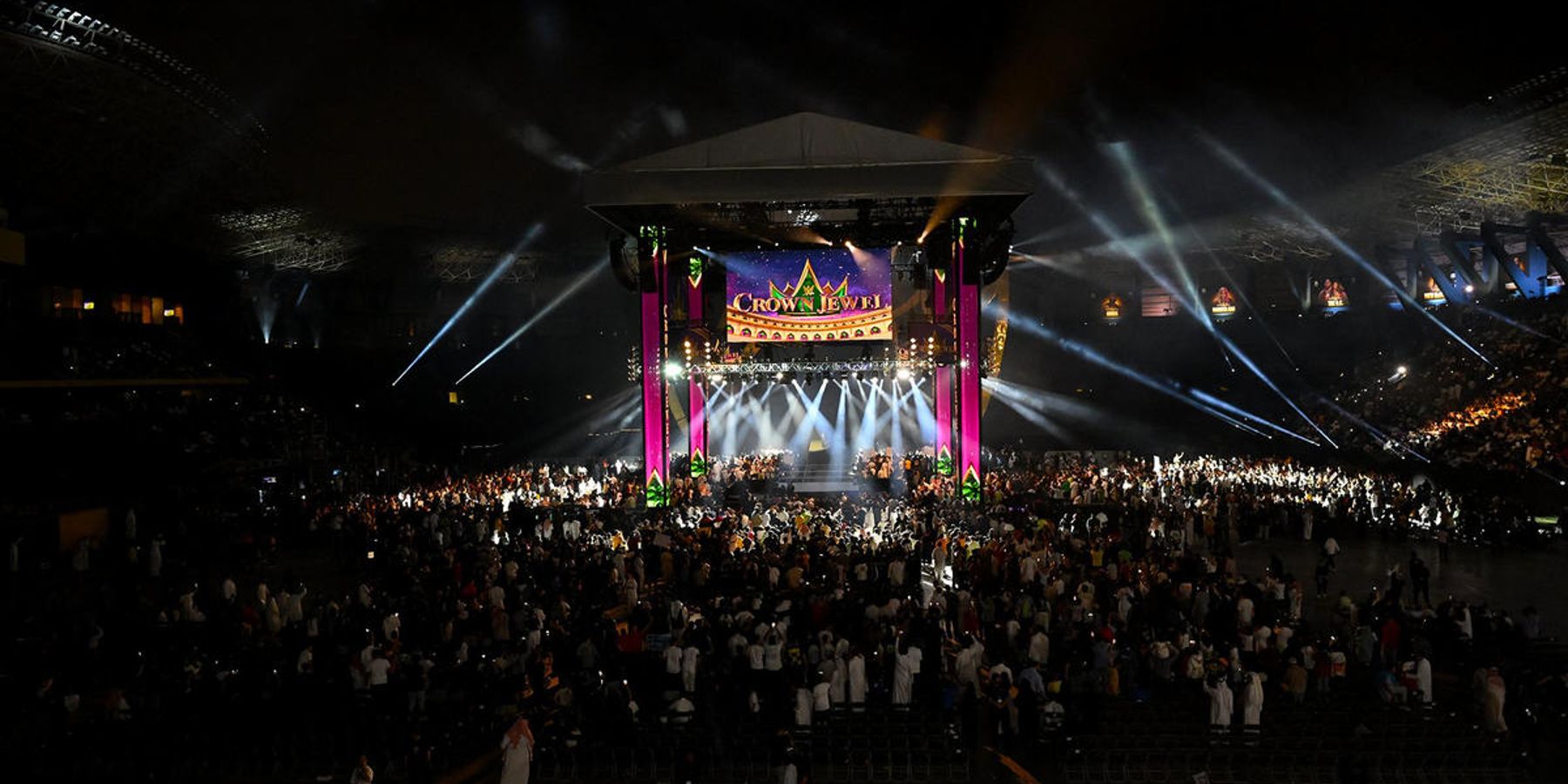 A wide shot of WWE Crown Jewel in Saudi Arabia captures the size of the crowd.