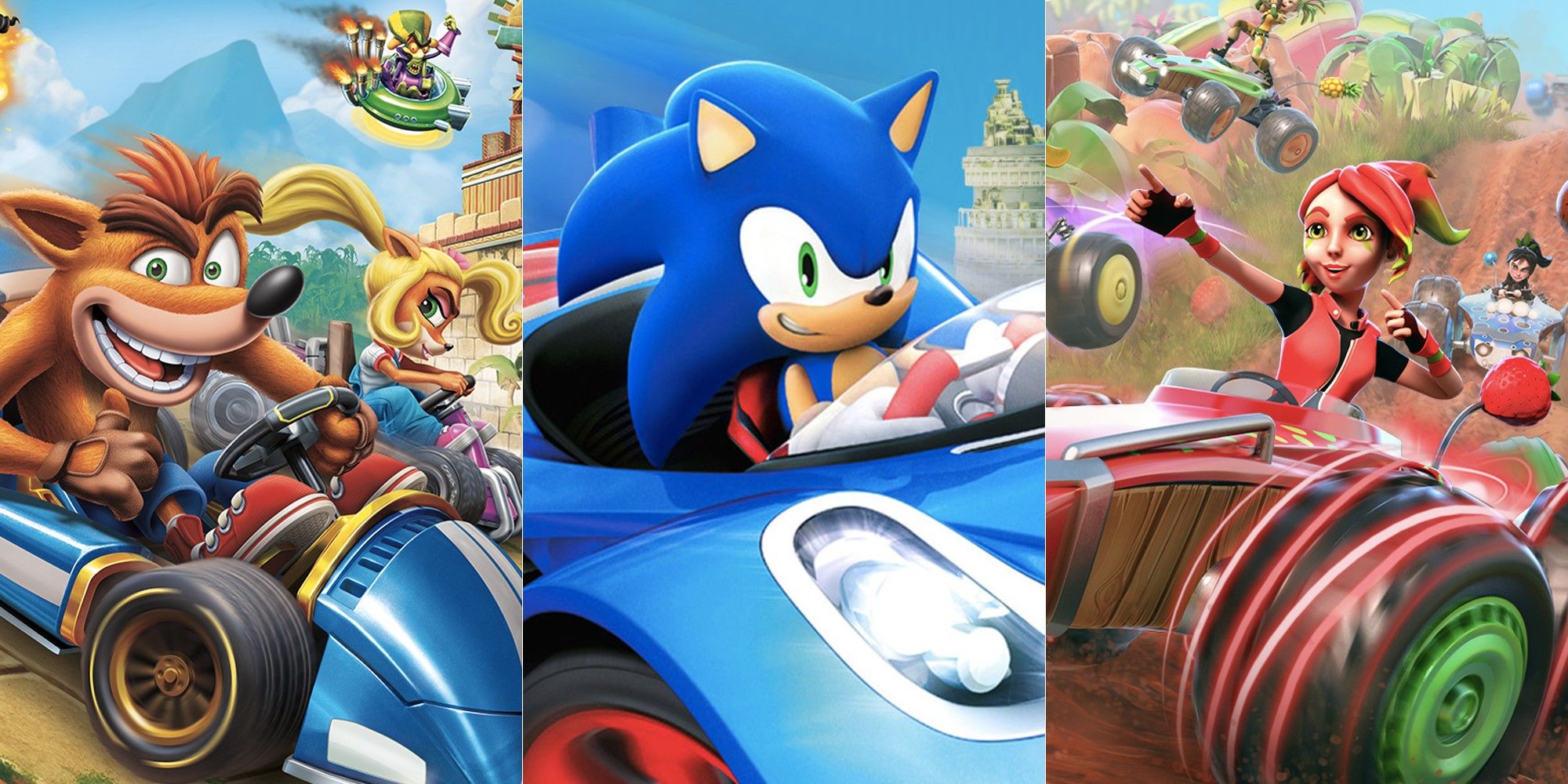 Crash Bandicoot, Sonic, and a pink-clad Fruit Racer driving race karts.
