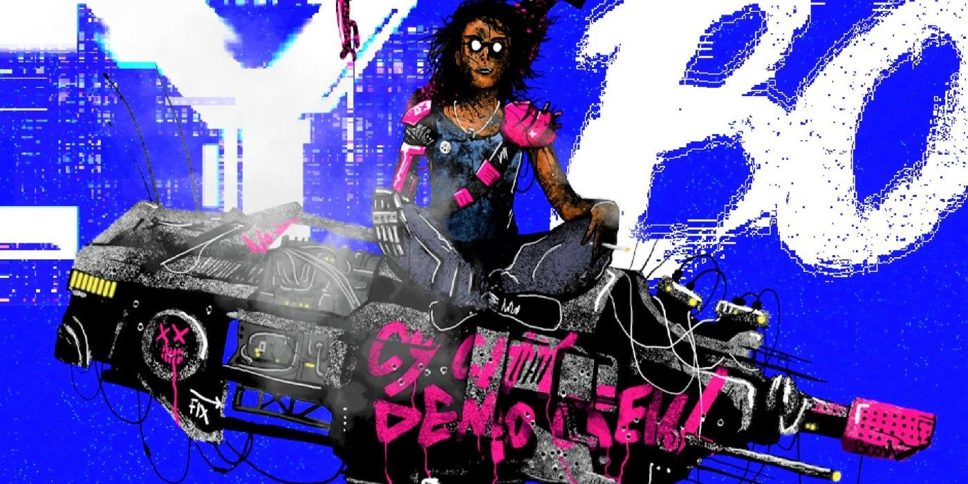 Cy_Borg artwork showing a futuristic character holding a large gun with "Demo Crew" spraypainted on it.