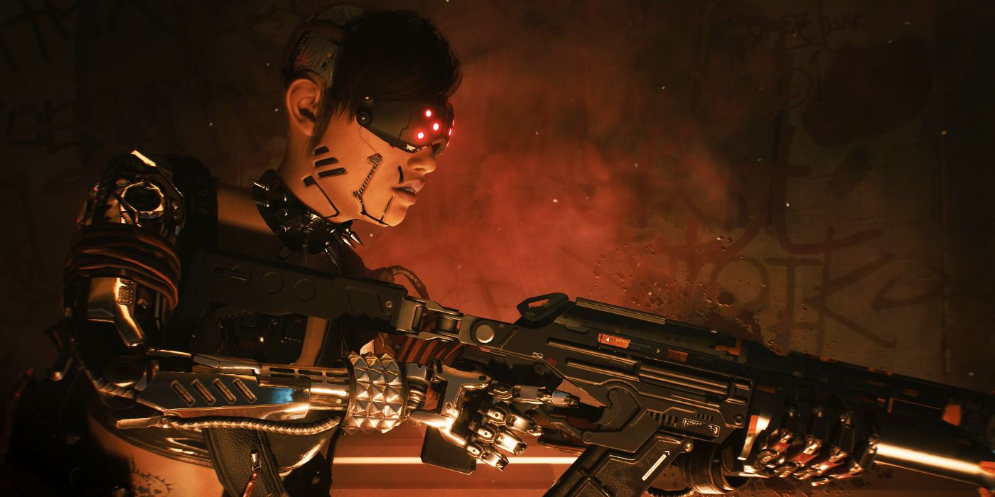 Un cyberpsycho Maelström portant des lunettes noires et tenant un pistolet prêt à l'emploi dans Cyberpunk 2077.