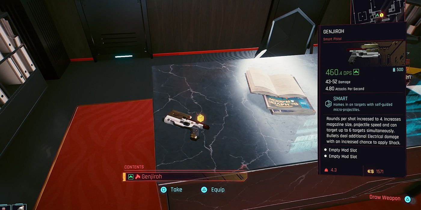 Smart gun Genjiroh lying on the table with the gun's description on display in Cyberpunk 2077.