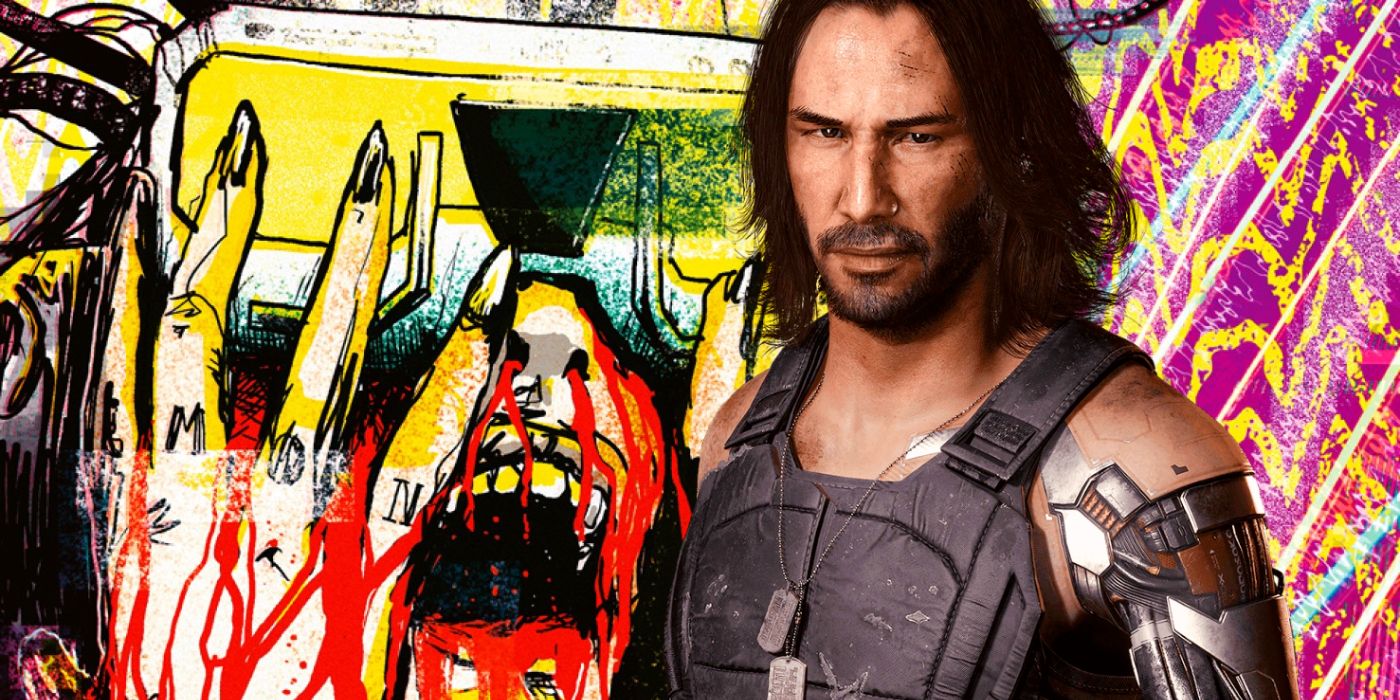 Keanu Reeves' Johnny Silverhand from Cyberpunk 2077 in front of an artwork for the CY_BORG tabletop RPG, showing a person wearing a headset over their eyes while blood pours from their nose.
