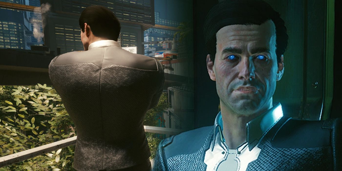 An image of Cyberpunk 2077's Mr. Blue Eyes peering across a balcony, alongside an image of his face.