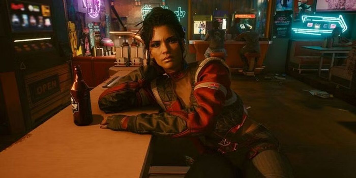 Panam senta em um bar em Cyberpunk 2077