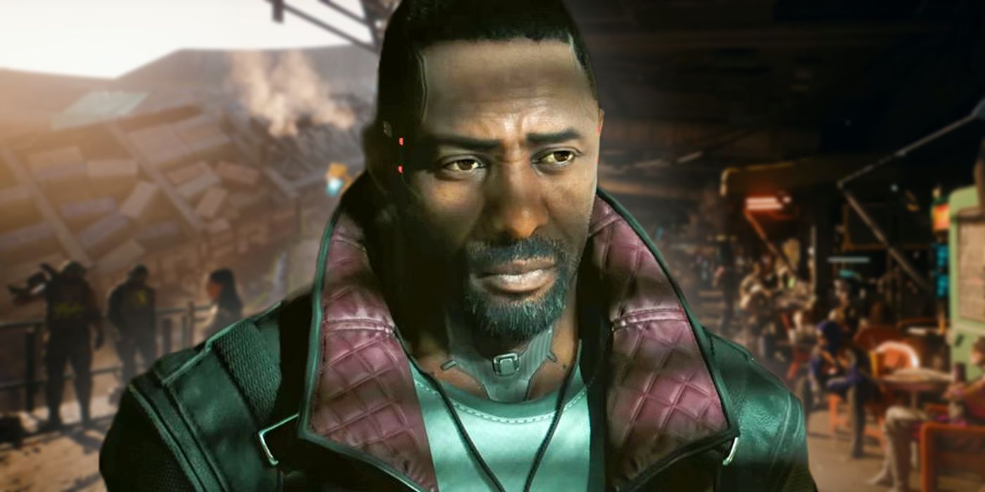 A cutout of Idris Elba's Solomon Reed against a shot of Dogtown, Pacifica in Cyberpunk 2077's Phantom Liberty.