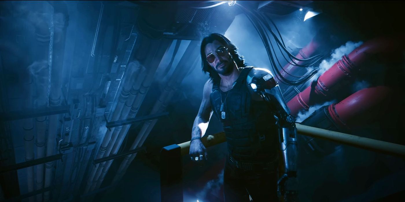 An image of Johnny Silverhand leaning against a railing in the Cyberpunk 2077 Phantom Liberty trailer