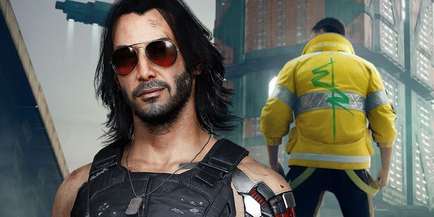 Image of Johnny Silverhand from Cyberpunk 2077 stood next to V from the Phantom Liberty DLC. V is wearing a yellow jacket and facing away from the camera towards a skyscraper.