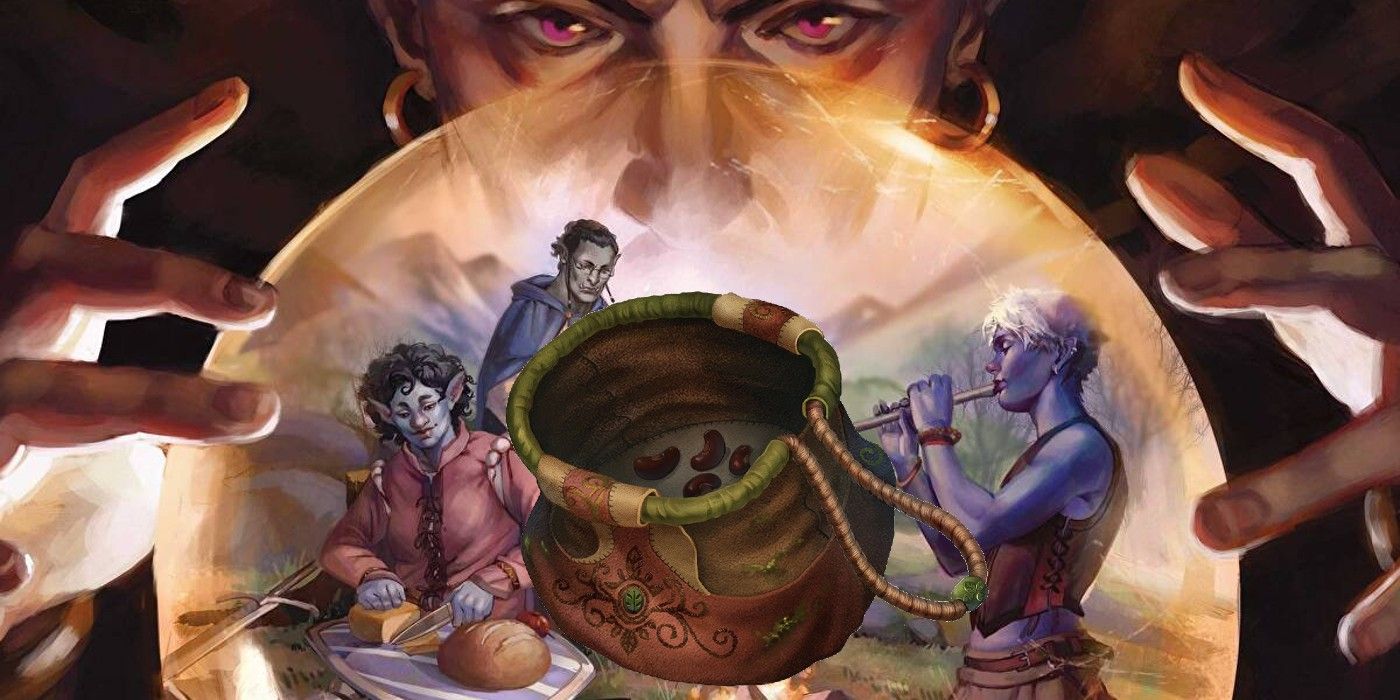 A fortune telling holding their hands around a crystal ball, inside there are three D&D party members surrounding a Bag of Beans in the center.