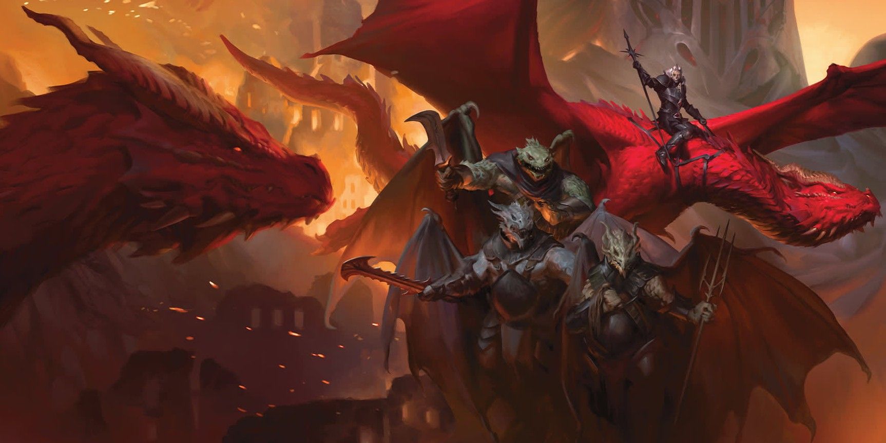 D&D Dragons that are red with one being ridden, three knights in the forefront.