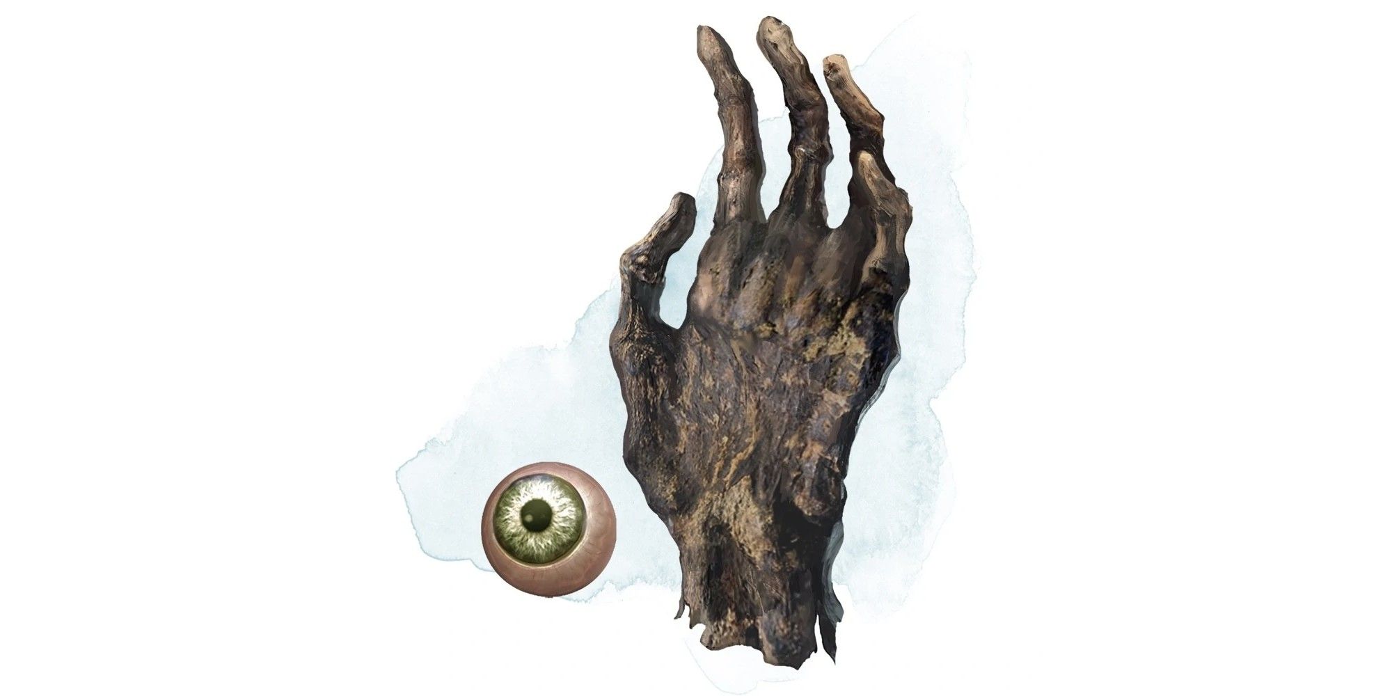D&D Hand and Eye of Vecna, the eye has green surrounding the pupil, the hand is incredibly shriveled.