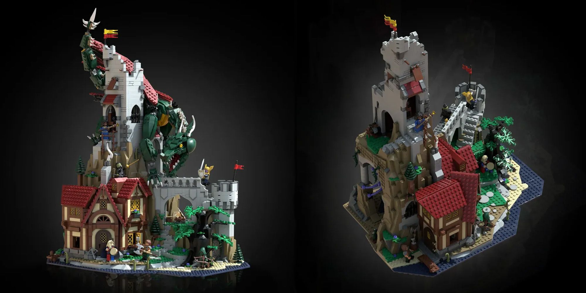 Side by side images of a D&D LEGO set with a tower, tavern, and dragon.