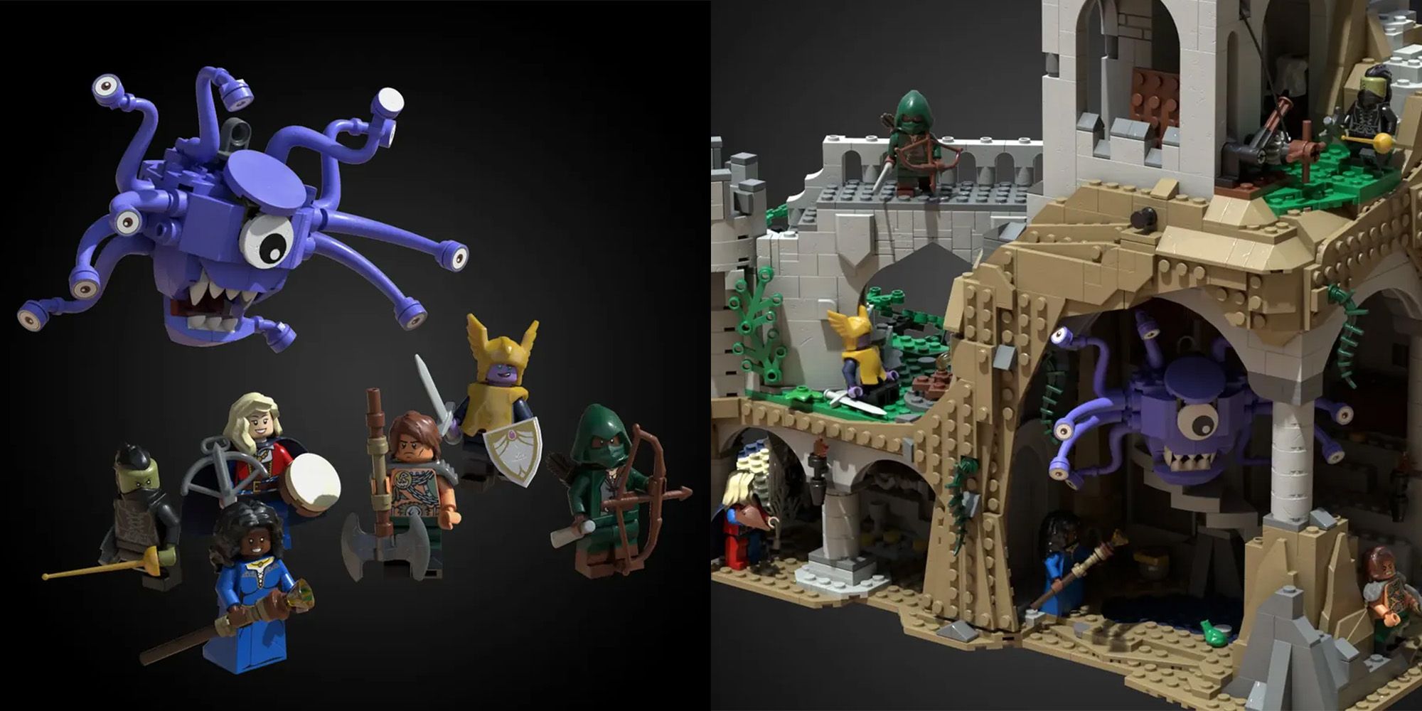 Left image shows LEGO D&D party and a beholder, right image shows the same minifigs fighting in the set's dungeon.