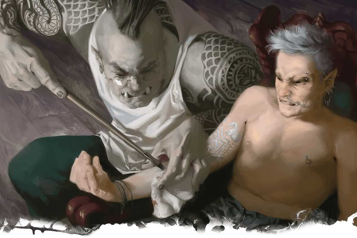 An orc giving a D&D character a magic tattoo.