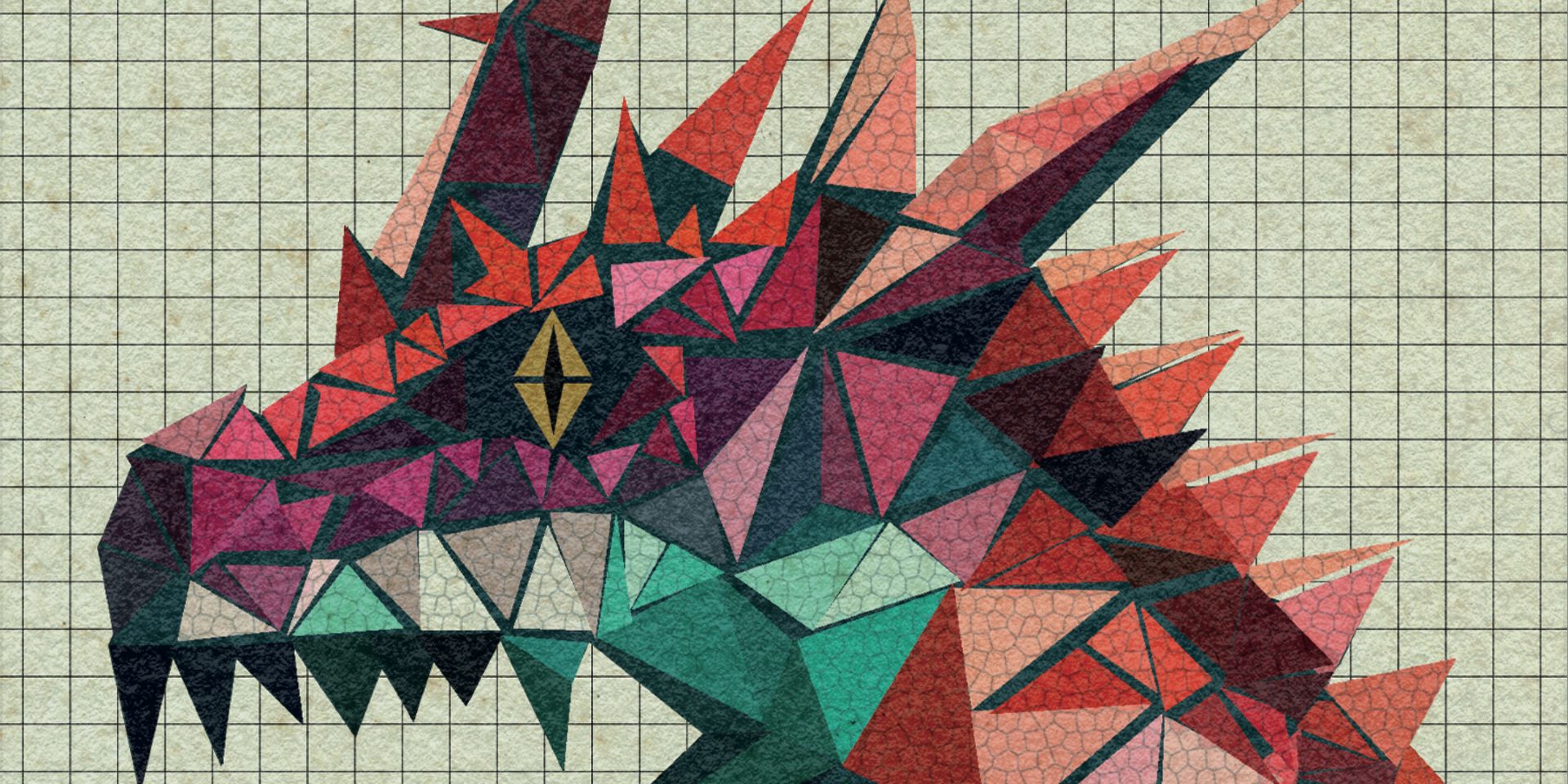 Artwork for a dungeon game, showing a dragon made up of multicolored triangles in front of a grid similar to that of a TTRPG battle mat.
