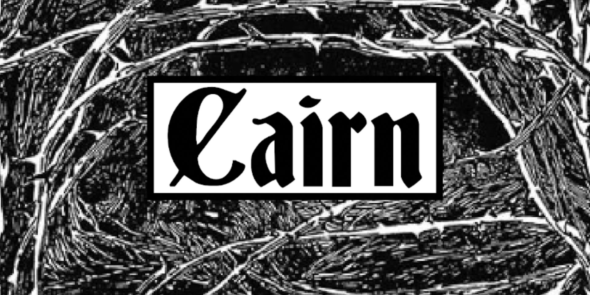 Cairn's title written in stylized medieval script, surrounded by twisting branches covered in thorns.