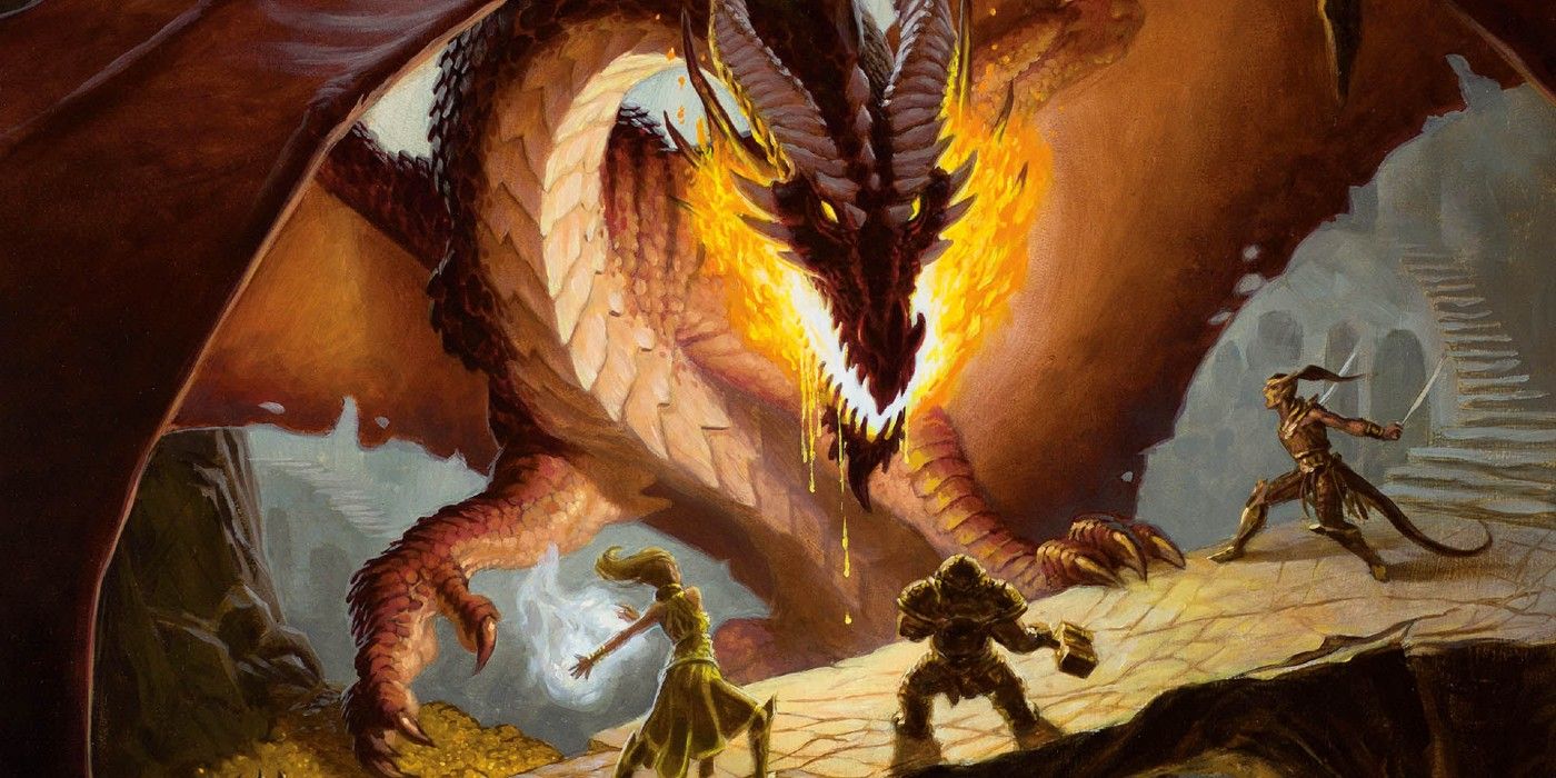 D&D party members facing a dragon.