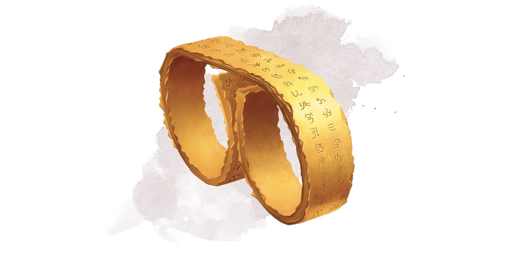 Golden D&D Ring of Spell Storing, it has small carved runes on the outside and loops for two fingers.