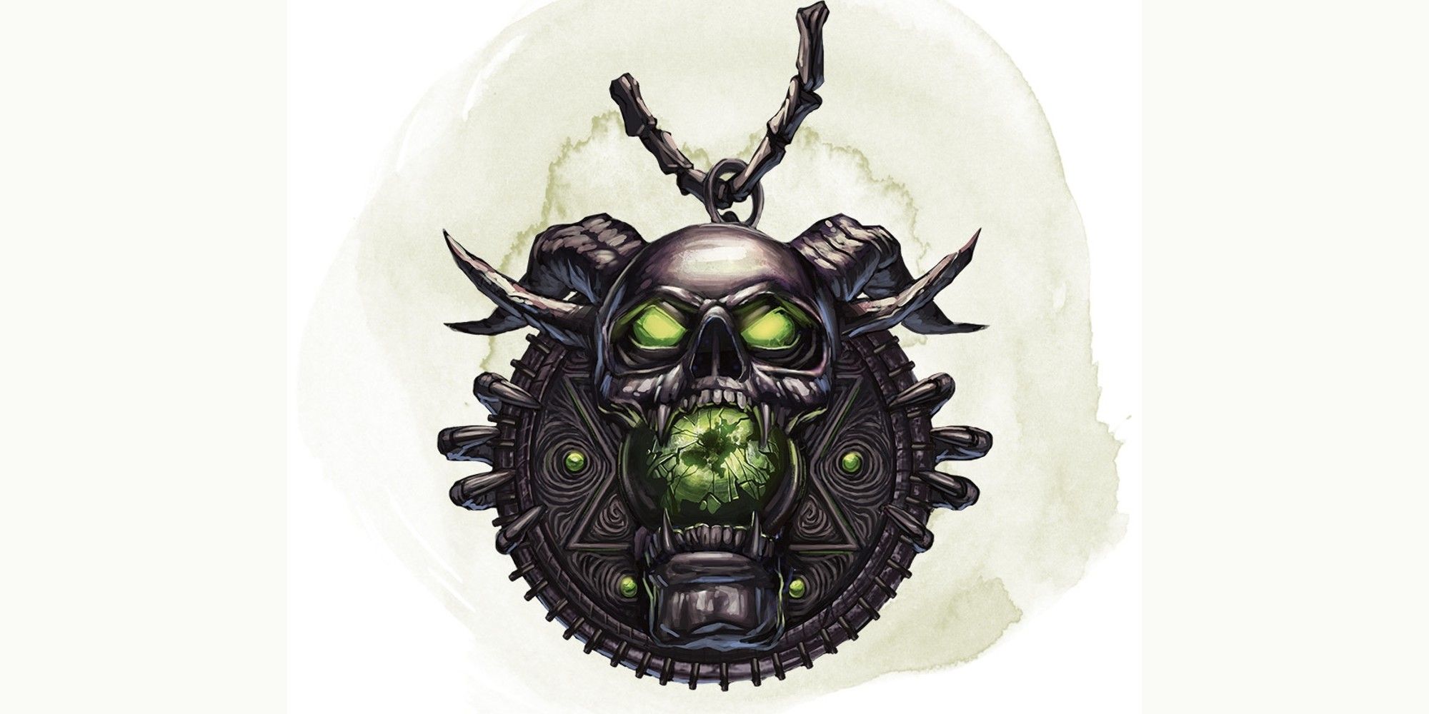 D&D's Talisman Of Ultimate Evil, é um círculo de metal com uma caveira com chifres no meio, os olhos e a boca da caveira têm um brilho verde.