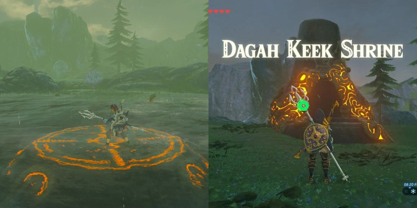 Link berdiri di alas kuil di sebelah kiri, lalu Link berdiri di depan kuil Dagah Keek di Zelda: BOTW di sebelah kanan.