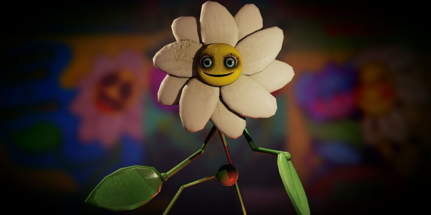 Uma renderização assustadora de Daisy de Poppy Playtime, parada na frente de seus pôsteres associados.