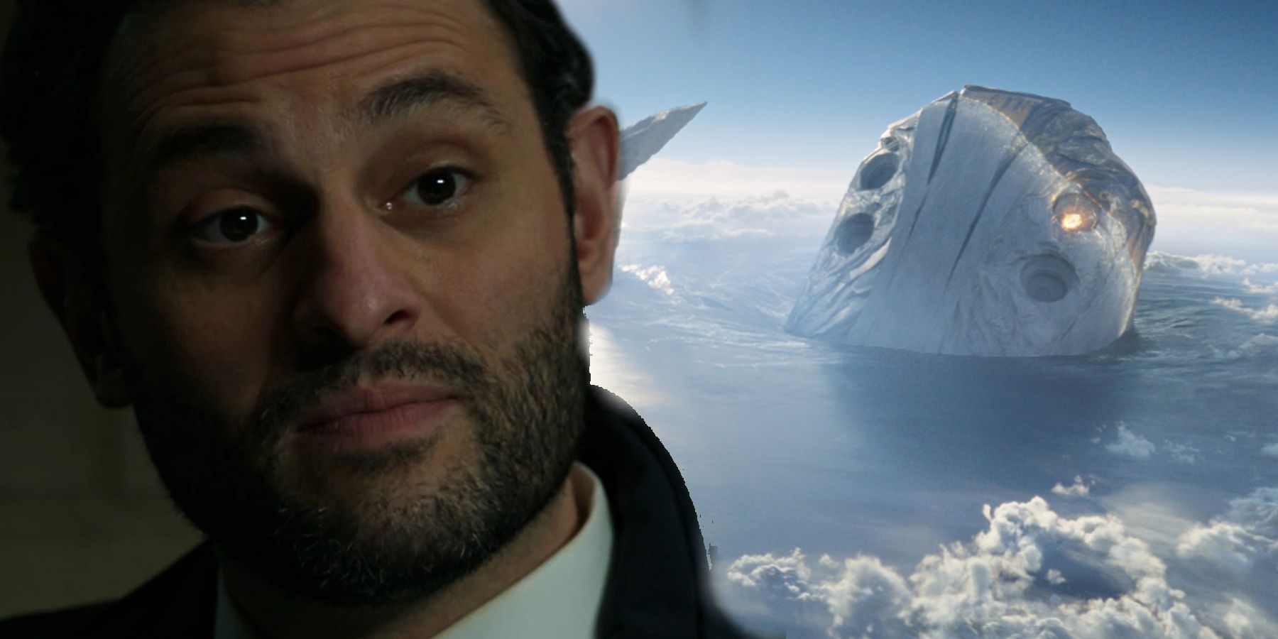 Split Image: Agent Cleary (Arian Moayed) gives a look of disdain in Spider-Man: No Way Home; the Celestial Tiamut emerges from the clouds encased in stone in Eternals
