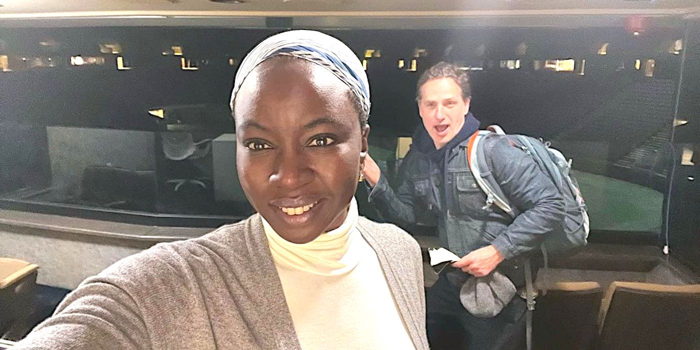Danai Gurira in a screening room with Andrew Lincoln clowning in the background