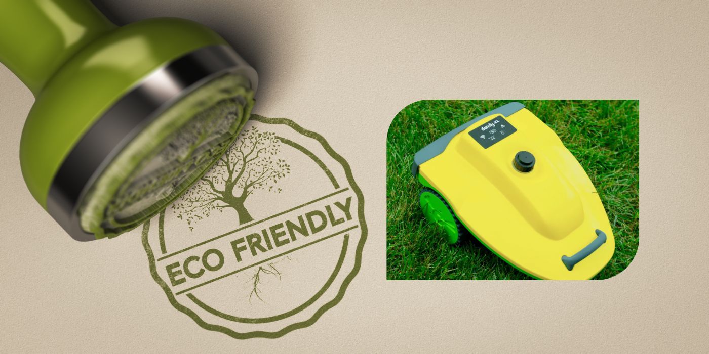 Image of Dandy, the weed killing robot next to an eco-friendly stamp.