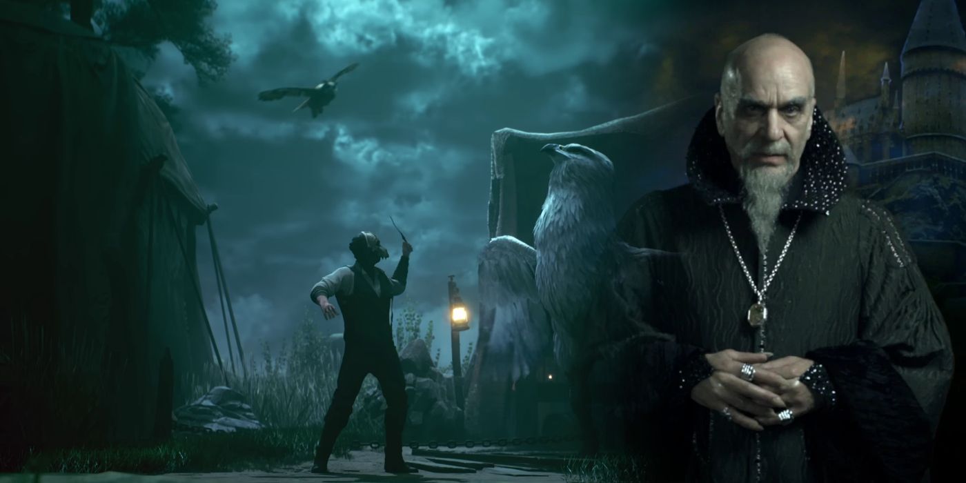 An image of a Dark Wizard from Hogwarts Legacy alongside an image of Salazar Slythein.
