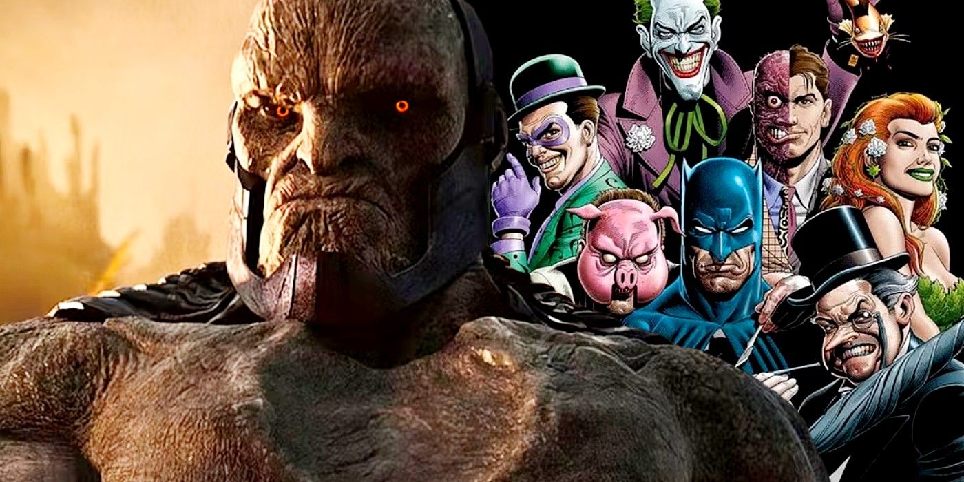 Movie Darkseid next to comic book art featuring Batman and a group of Gotham villains.