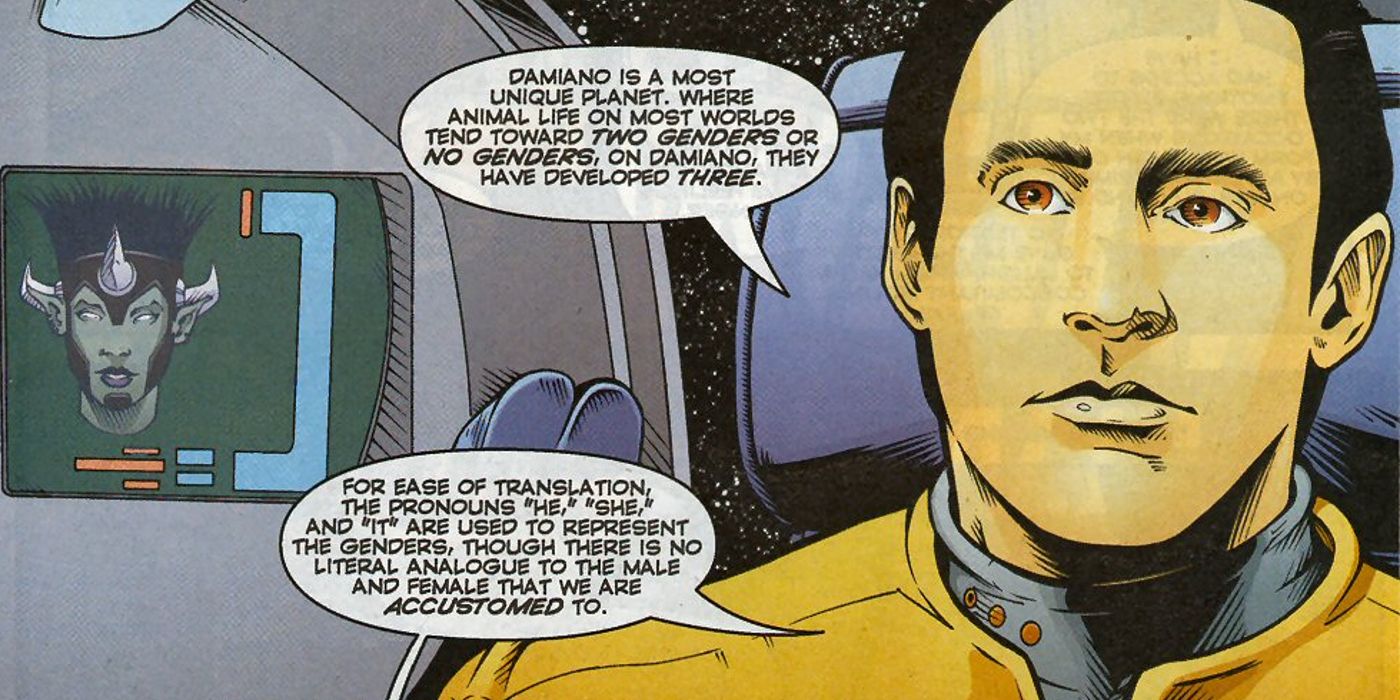 Data explica os três gêneros da raça Damiani em Star Trek The Next Generation Perchance to Dream