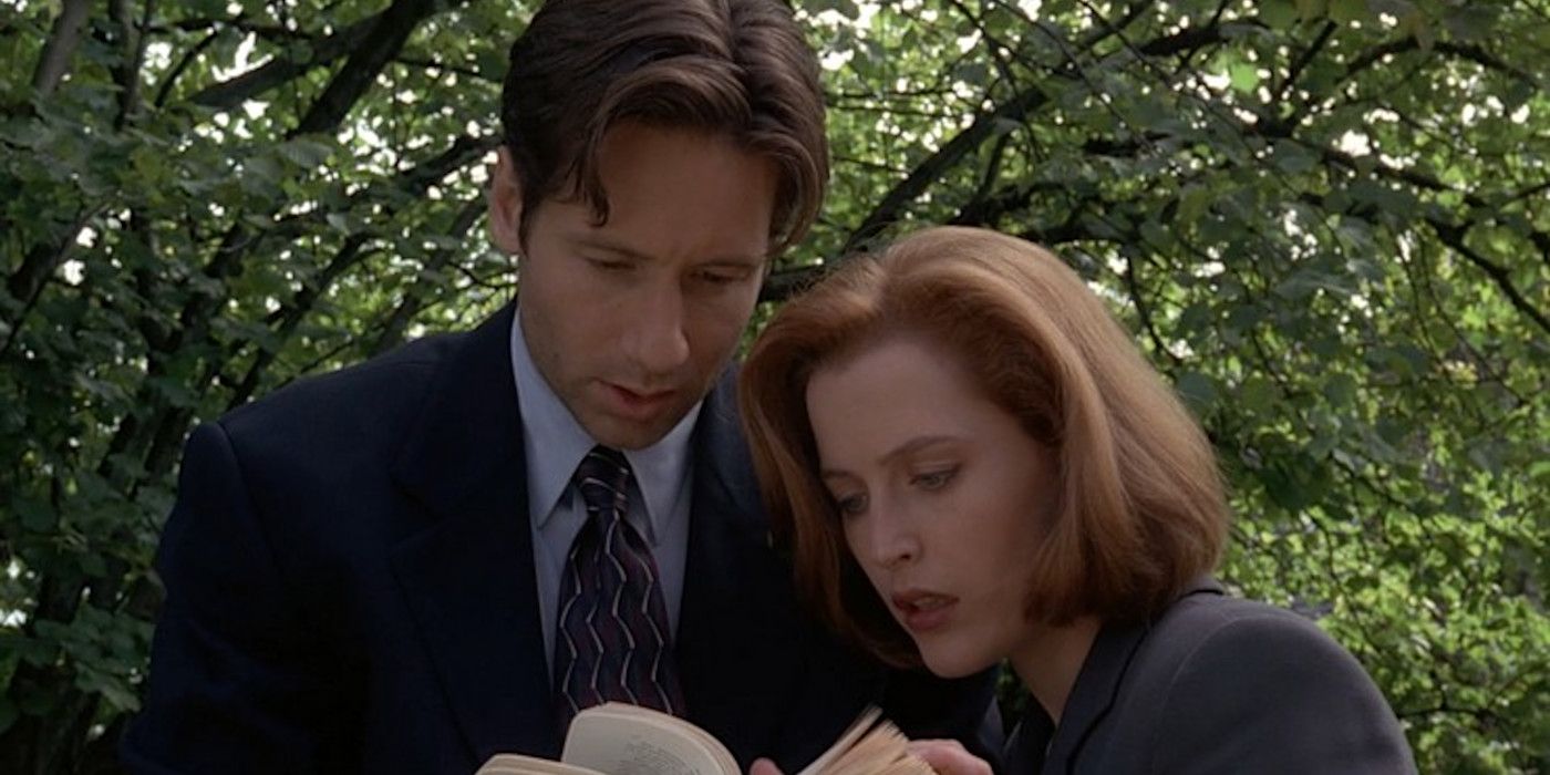 David Duchovny et Gillian Anderson sur The X-Files regardant un livre avec intrigue