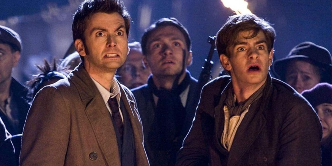 David Tennant clenching his teeth and Andrew Garfield looking surprised in Doctor Who