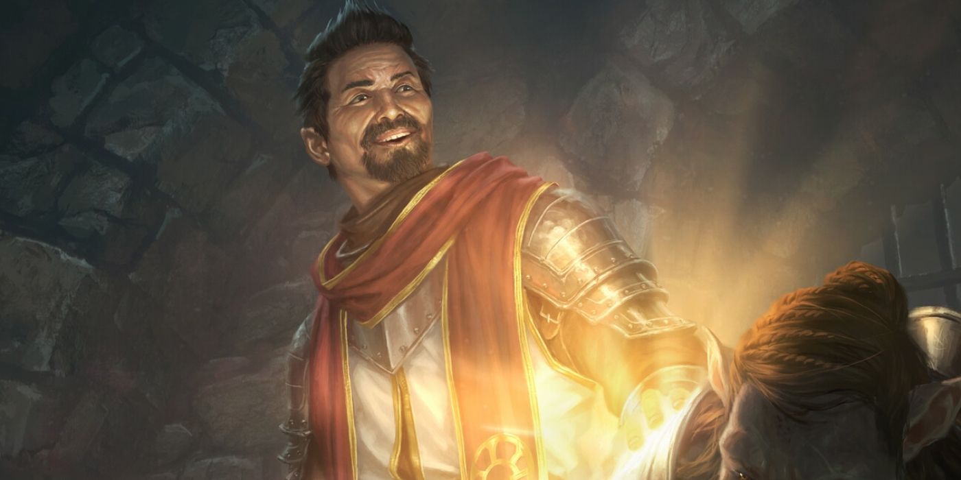 A cleric extends a gleaming hand, smiling, in Dungeons and Dragons