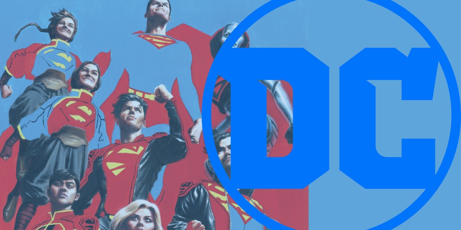 Logotipo da DC sobre a família Superman voando para cima