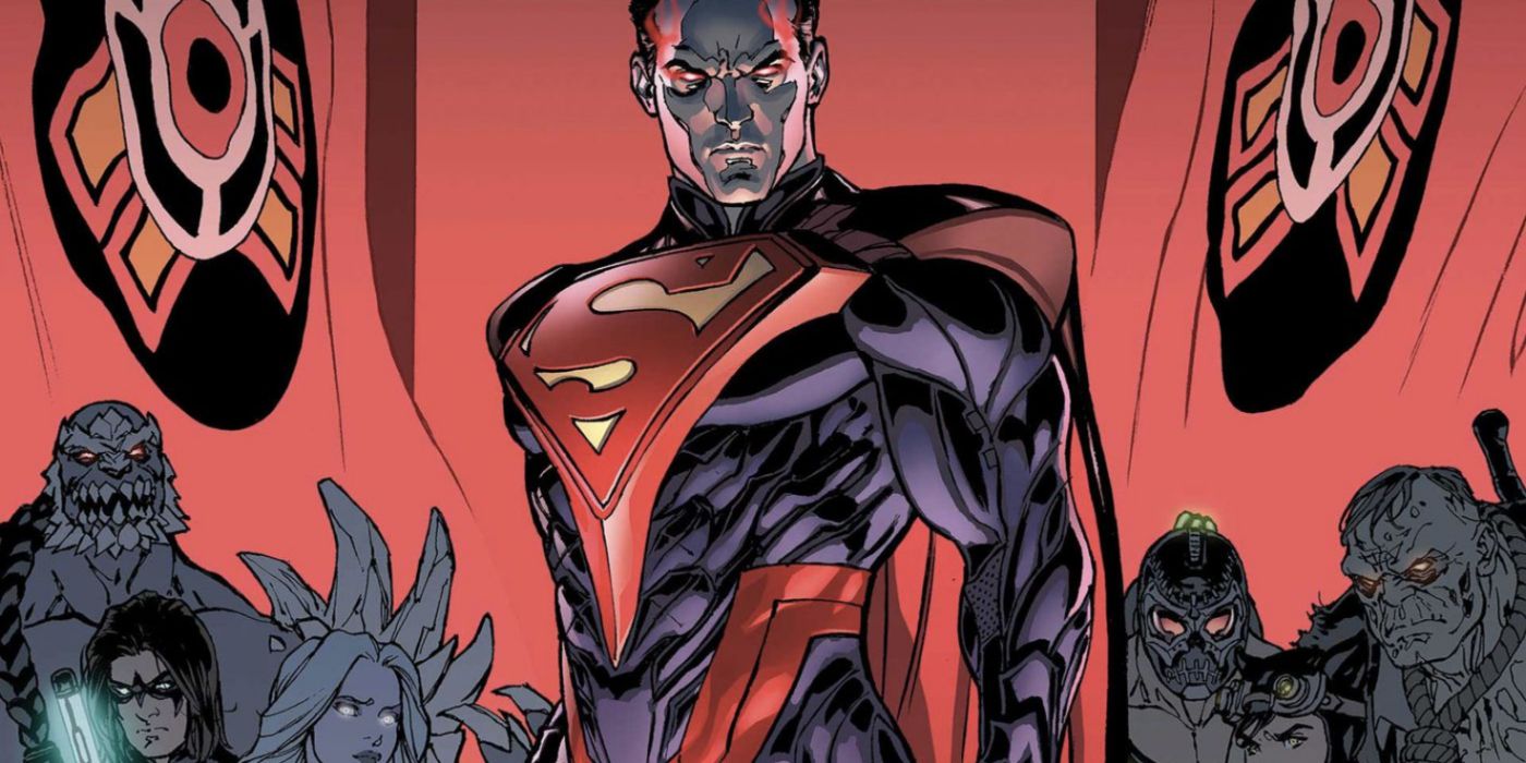 Injustice Superman in front of his team in the Injustice Comics