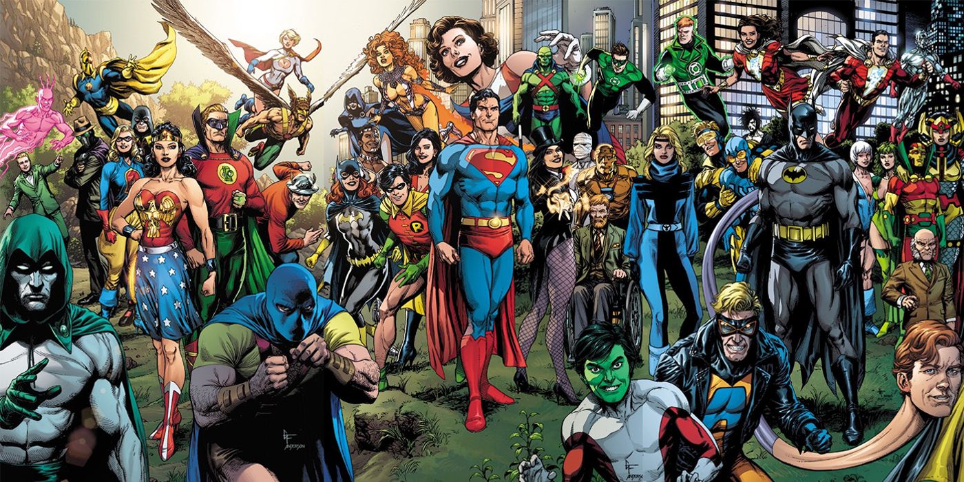 Art by Gary Frank, depicting various characters from the history of the DC Universe, including members of the Justice Society of America, Justice League, Teen Titans, Doom Patrol, New Gods, and Endless.